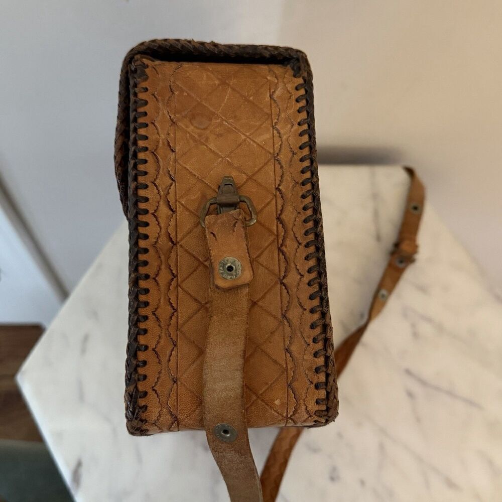 Vintage Hand Tooled Leather Handbag Brown Floral 9x6x3 - Picture 6 of 8